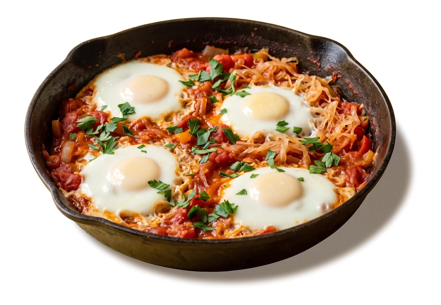 A deep frying pan of thick red sauce with eggs whose whites have set, and chopped parsley on top
