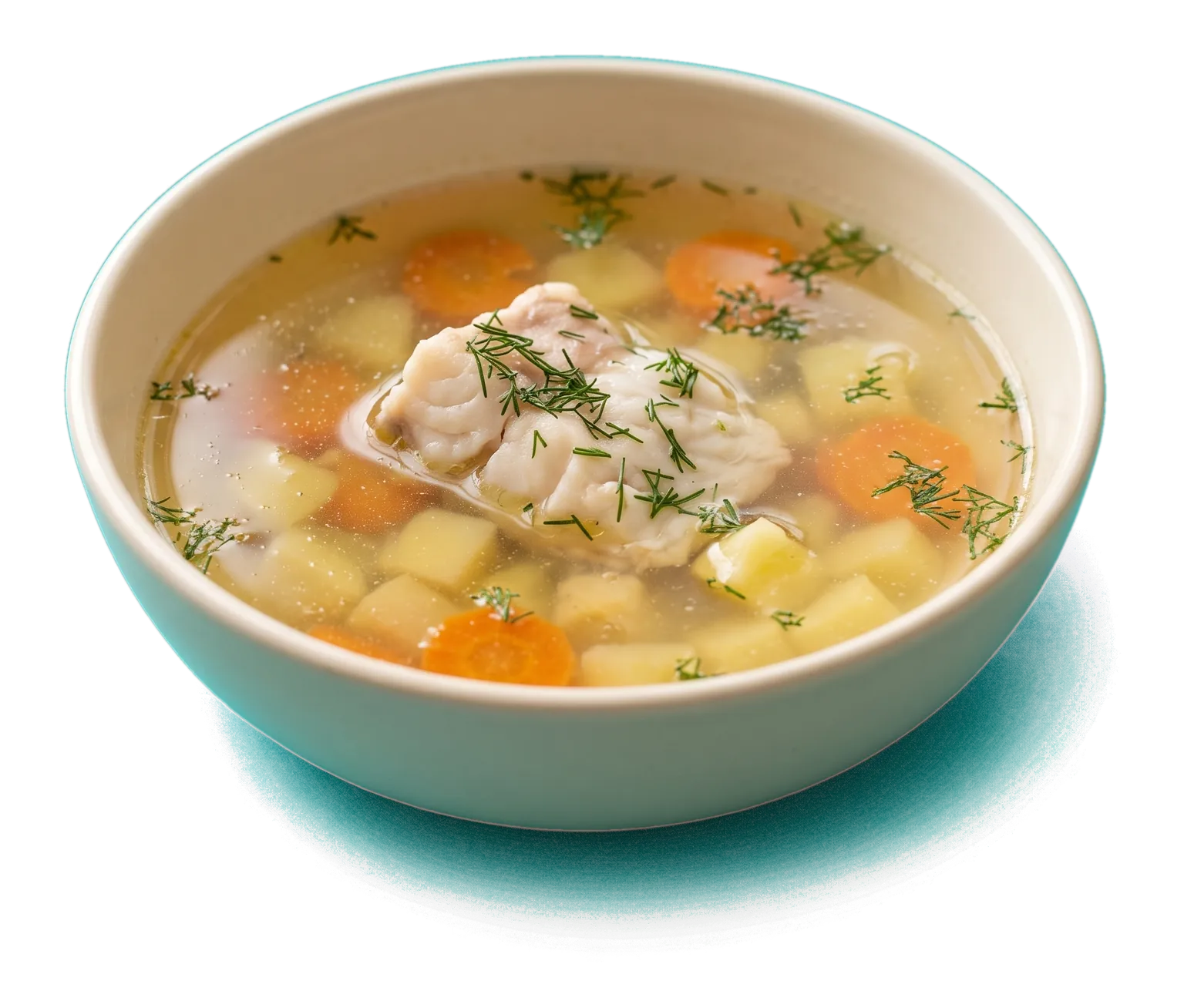 Тарелка прозрачной золотистой ухи с куском рыбы, кубиками картофеля, кружками моркови и укропом